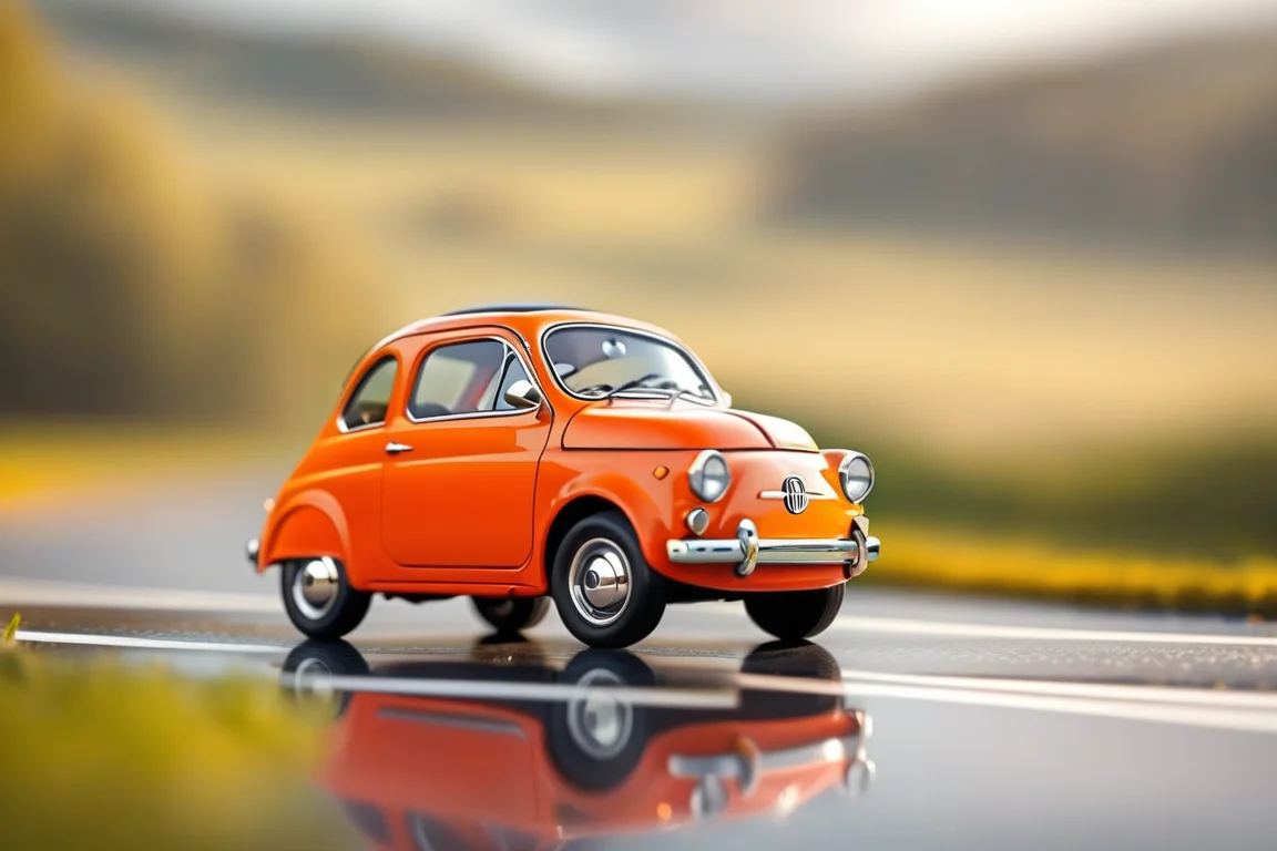 Billy's Vintage Car, orange Fiat 500 "Topolino" , Tiny, adorable car, motion blur, glassy reflective road, glassy clean landscape, raining warm weather, sleek driving, high-octane, high-definition