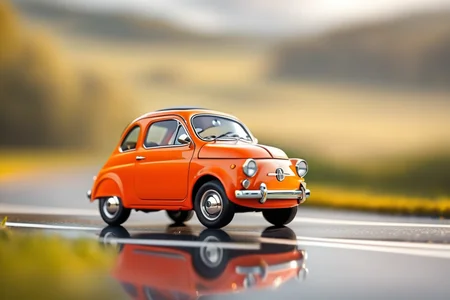 Billy's Vintage Car, orange Fiat 500 "Topolino" , Tiny, adorable car, motion blur, glassy reflective road, glassy clean landscape, raining warm weather, sleek driving, high-octane, high-definition