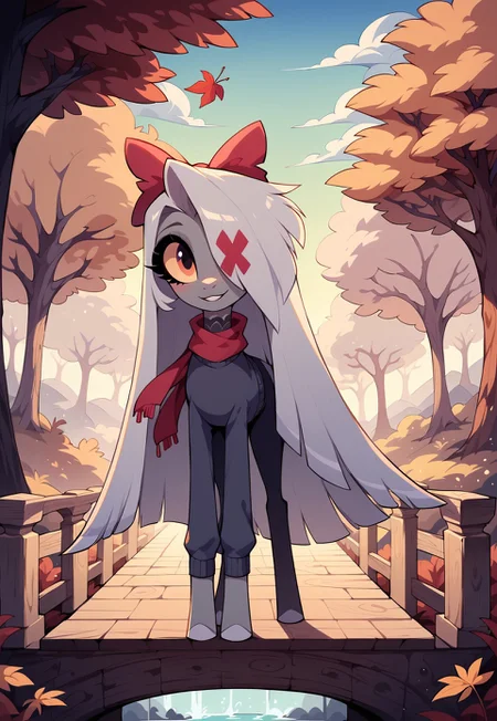 masterpiece, score_9_up, score_8_up, score_7_up, score_6_up, score_5_up, source_anime, (best quality:1.1), ultra-detailed, high resolution, solo, highly detailed macro illustration, mlp style, doe, feral, xvaggiex, hooves, white mane, very long mane, colored sclera, hair over one eye, (cute expression, cute face:1.1), warm sweater, scarf, outside, early morning, standing on a wooden bridge over a stream, autumn forest, leaves falling, mist in the air, Highly Visible, 8k, sharp focus, perfect lighting, anatomically correct, extremely detailed, soft diffused light, peaceful surroundings, high detail, serene and quiet, Expressiveh, detailed background, OverallDetail, OverallDetail, Expressiveh, zPDXL3