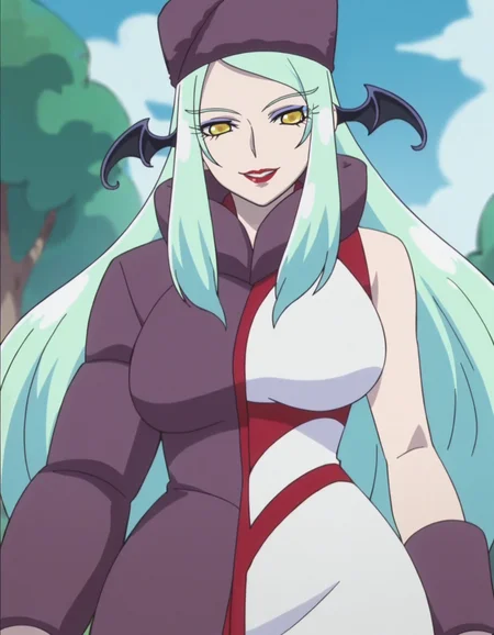 score_9, score_8_up, score_7_up, anime screencap, solo,1girl,marmo, head wings, asymmetric coat,dress,lipstick, makeup,looking at viewer, fur hat, smile,cowboy shot,looking at viewer,large breasts,wide hip,<lora:marmo:0.9>