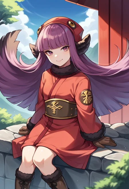 score_9, score_8_up, score_7_up, source_anime BREAK 1girl, solo,
<lora:zs_MohShuvuuXL:1> mohshuvuusmt, hat, purple hair, long hair, blunt bangs, coat, fur trim, boots, gloves
japanese shrine, blue sky, stone steps, sitting, looking at viewer, smile