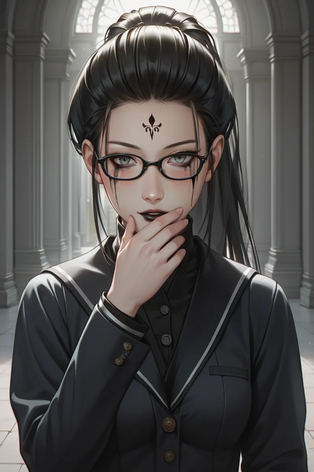 sscore_9, score_8_up, score_7_up, source_anime, 1girl, prefect lighting, very aesthetic, intricate details, highly detailed background, masterpiece, high quality, prefect hands, best quality, solo,
<lora:Spider_Spirit_Fourth_Sister_Black_Myth_Wukong_V1:.85>, KJOfourth, black hair, forehead mark, grey eyes, runny makeup, black lips, long hair, ponytail,
black school uniform, black glasses,
smug, hand over mouth, open mouth, head tilt, blush,
sunny, street,
(Beautiful, medium Breasts:1.2), natural breasts,
