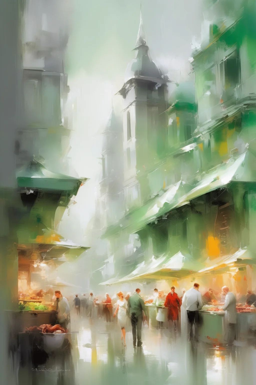 <lora:Willem Haenraets Style:1>Willem Haenraets Style - Fantasy city meat markets. Greenish grey accents. Abstract Oil painting in the style of Willem Haenraets.