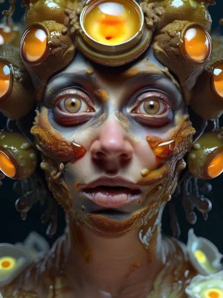 art by Jon Dyer Baizley, woman dripping egg yolks, eyes dripping honey. skin texture, bees on faces. highly detailed eyes, hyperrealism, highly detailed skin, intricate details, best quality, 8k, (art by alphonse mucha), <lora:sdxl_photorealistic_slider_v1:1.5>