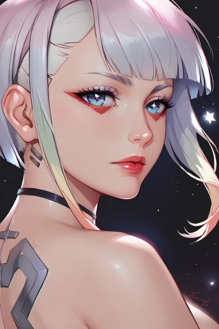score_9,score_8_up,score_7_up,
<lora:Lucy_Pony:1>,
lucyna,fanart,art style: eye close-up,eye details,(beautiful detailed eyes:1.3),solo,1girl,close-up,bangs,looking at viewer,makeup,portrait,lucy,(cyberpunk),white hair,closed mouth,lips,fingernails,eyelashes,red lips,
blunt bangs,multicolored eyes,eyeliner,red eyeliner,blue eyes,lipstick,black background,(stars:1.3),