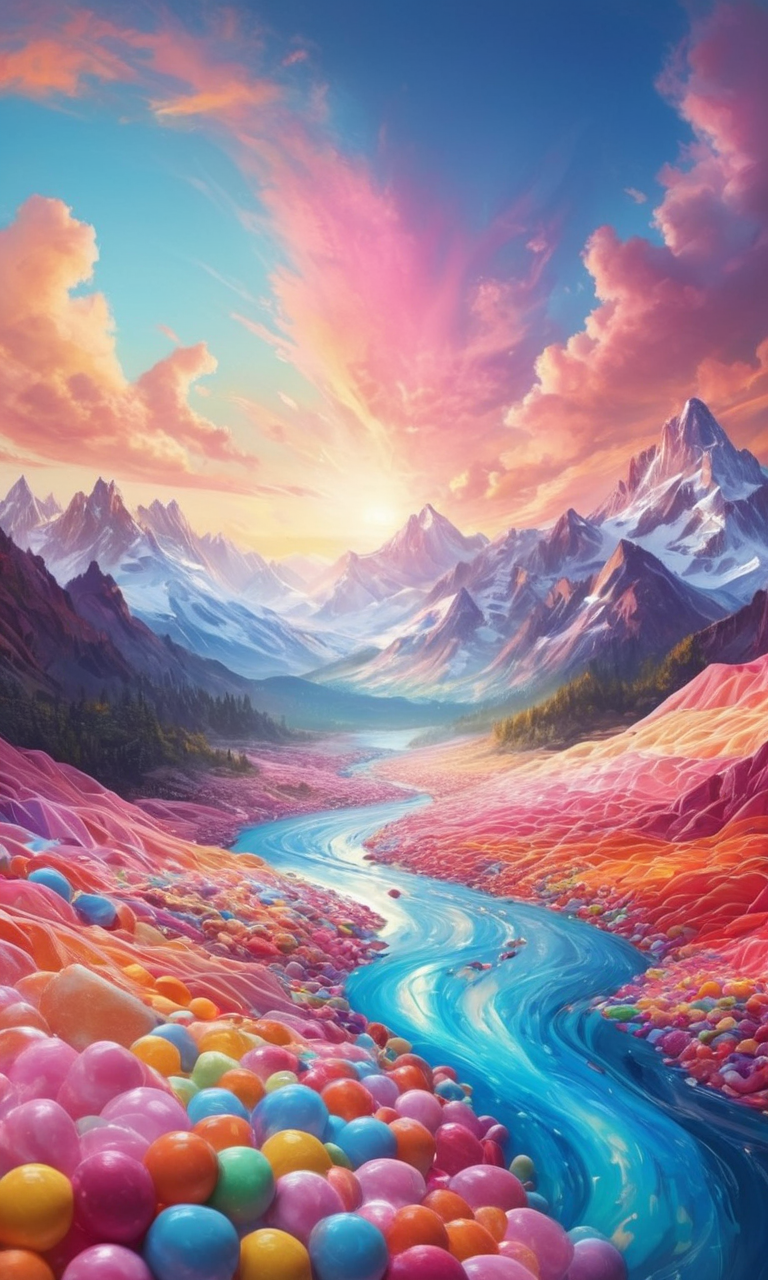 Mountains are made of candy, rivers are the flow of liquid sunlight, and the sky is a colorful canvas