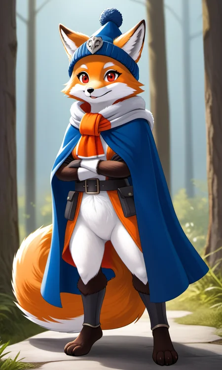 TVtrooper, female, ((fox animal)), red eyes, wearing a scarf and blue cloak, hat, Orange and grey fur, white belly fur, standing on two legs