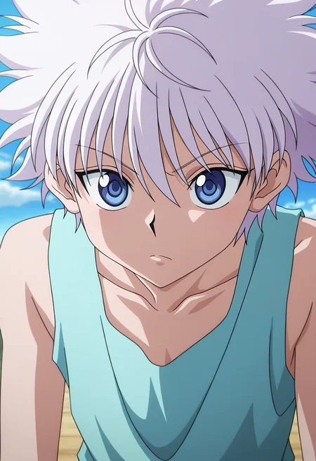 masterpiece, best quality, anime screencap, anime coloring, 1boy, solo, male focus, <lora:killua_zoldyck_ilxl:0.92>, killua_zoldyck, white hair, blue eyes, short hair, spiked hair, bangs, messy hair, tank top,