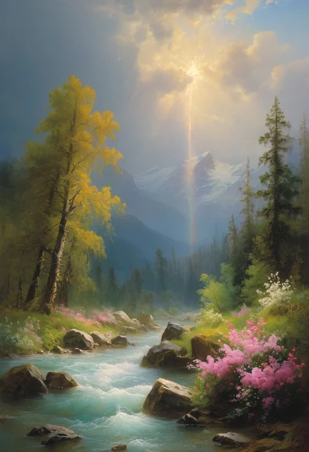 ((masterpiece, best quality, high quality, highres, ultra-detailed)), sunlight, epic snowstorm, (Render:0.1),  (best quality, 8K, high resolution, extreme detail, outstanding composition:1.4), mountain valley, forest, river, spring, flowers, rain, god rays, dramatic light,  aesthetic of hard - edge painting:0.1), full body, oil on canvas, (ivan aivazovsky:0.1), (best quality, high resolution, extreme detail, outstanding composition, masterpiece:1.4), award winning, screen space reflections (ssr), absolute sharpness, f/11, distinctive breathtaking magnum with delicate details, (stormcolors:0.1), epic shot, action shot, moody picture, creative work, creativity