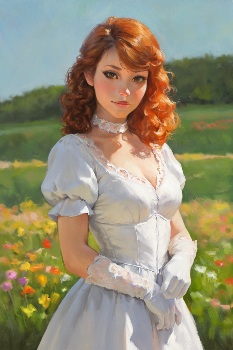 masterpiece, best quality, highres, newest, traditional media, realistic, 1girl, solo, medium hair, curly hair, wavy hair, orange hair, swept bangs, brown eyes, lips, lipstick, looking at viewer, medium breasts, choker, medium dress, white dress, lace trim, puffy sleeves, puffy short sleeves, short sleeves, gloves, elbow gloves, white gloves, hand up, cowboy shot, closed mouth, standing, outdoors, field, flower, grass, plant, sky <lora:Eldritch Oil [LoRA] - NoobAI-XL EPS 1.0:1>