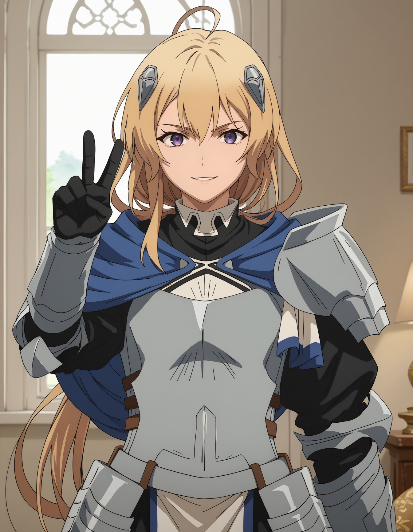source_anime, score_9, score_8_up, score_7_up, score_6_up, score_5_up, score_4_up, rating_explicit,high resolution, detailed eyes,anime screencap,indoors,living room,simple background,
standing,thumbs up,
haines <lora:pony_haines:1>,
long hair,blonde hair,bangs,hair ornament,capelet,purple eyes,hair between eyes,armor,ahoge,breastplate,gauntlets,shoulder armor,knight,gloves,armored dress,pauldrons,ponytail,plate armor,sidelocks,armored boots,
pouty,mouth closed,smile, upper body,parted lips,looking at viewer,peace sign,