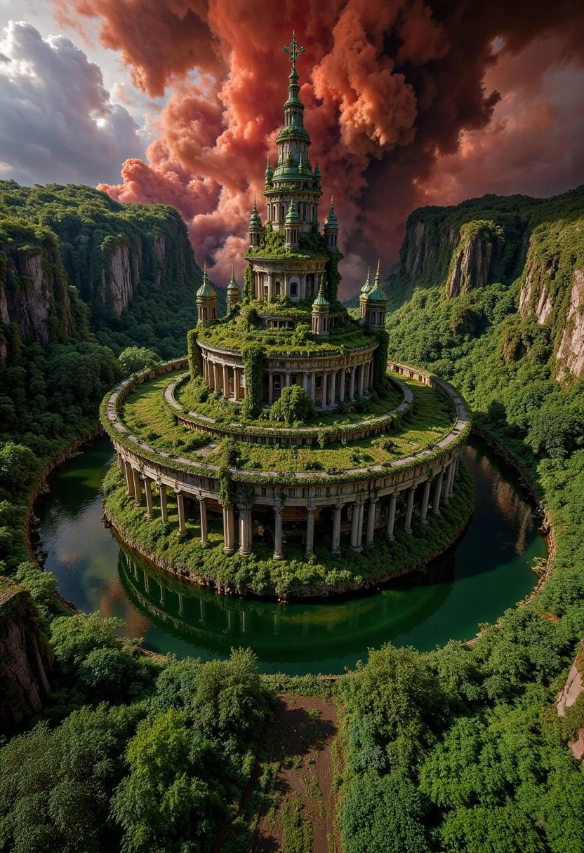 A stunning Photo of a huge rotating City complex hovering over a Lava Lake. The vibrant red sky above is dusty, deep red, with wisps of clouds, adding an ethereal doomed glow to the scene. The color palette includes natural tones, vibrant greens, reflecting a balance between nature and mysticism. The photograph evokes feelings of wonder, harmony, and the limitless potential of combining the organic and magical worlds in peaceful fusion, a blend of old structures and enchanting elements. abndnd_plcs_rclmd, ancientstyle