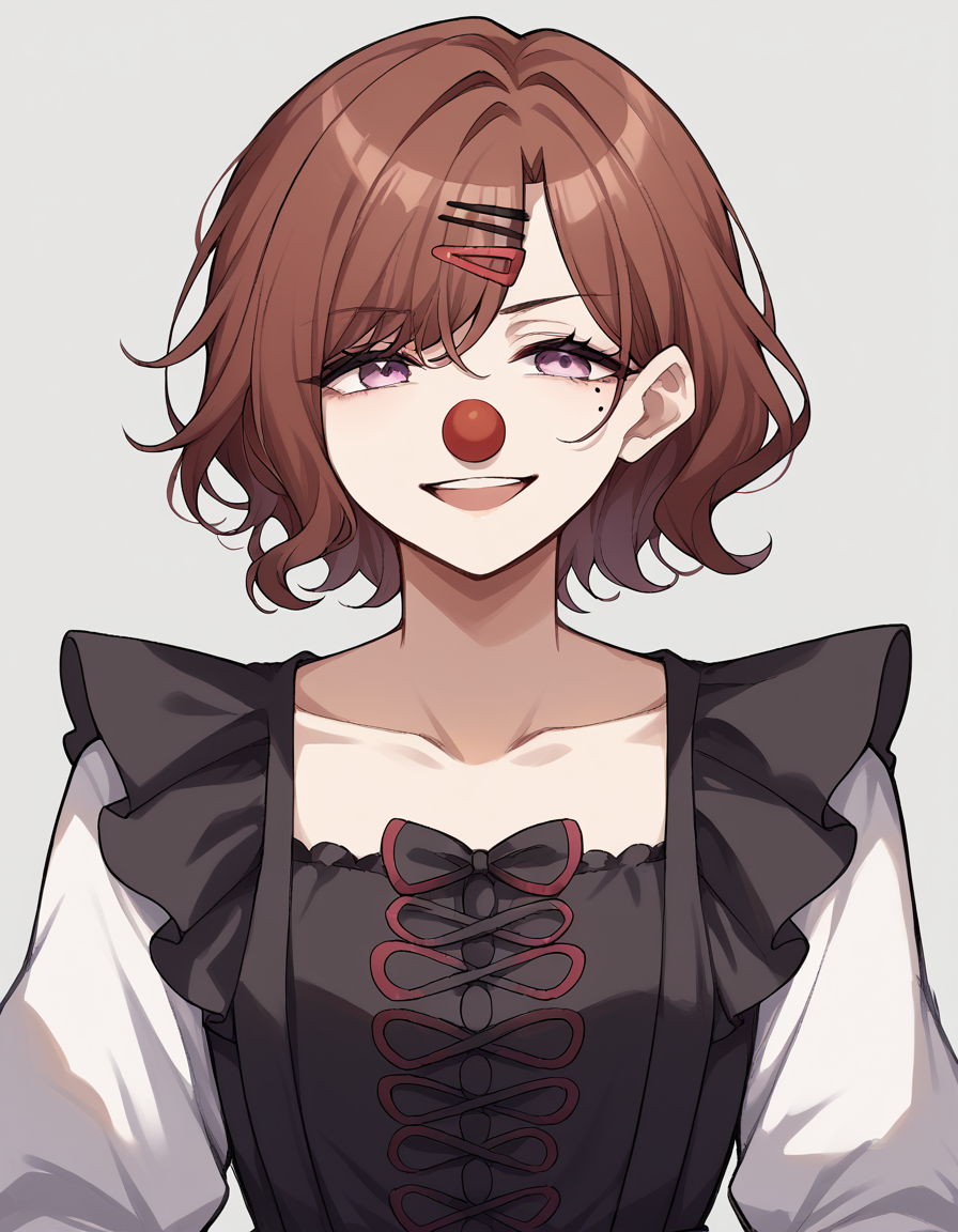 score_9, score_8_up, score_7_up, source_anime, <lora:madoka-higuchi-ponyxl-lora-nochekaiser:1>, madoka higuchi, brown hair, eyebrows hidden by hair, grey background, hair ornament, hairclip, mole, mole under eye, purple eyes, short hair, wavy hair,, <lora:clown-ponyxl-lora-nochekaiser:1>, clown, makeup, clown nose, facepaint, gloves, long sleeves, frills, dress,, smile, open mouth, smug,, cowboy shot