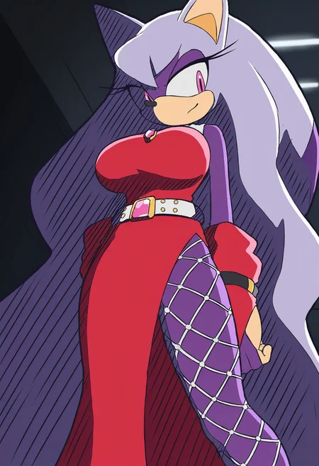masterpiece, best quality, newest, absurdres, highres, veryawa, safe, sonic (series), solo, source_furry, sparkles, 1girl, anthro bat, dark purple body fur, wavy hair, very long hair, grey hair, crossed bangs, pink eyes, slit pupils, large breasts, red dress, gem-studded belt, fishnet pantyhose, red bridal gauntlets, sleeveless dress, baggy dress, tented dress <lora:SonicRidersIL:0.8>, RidersIL, indoors