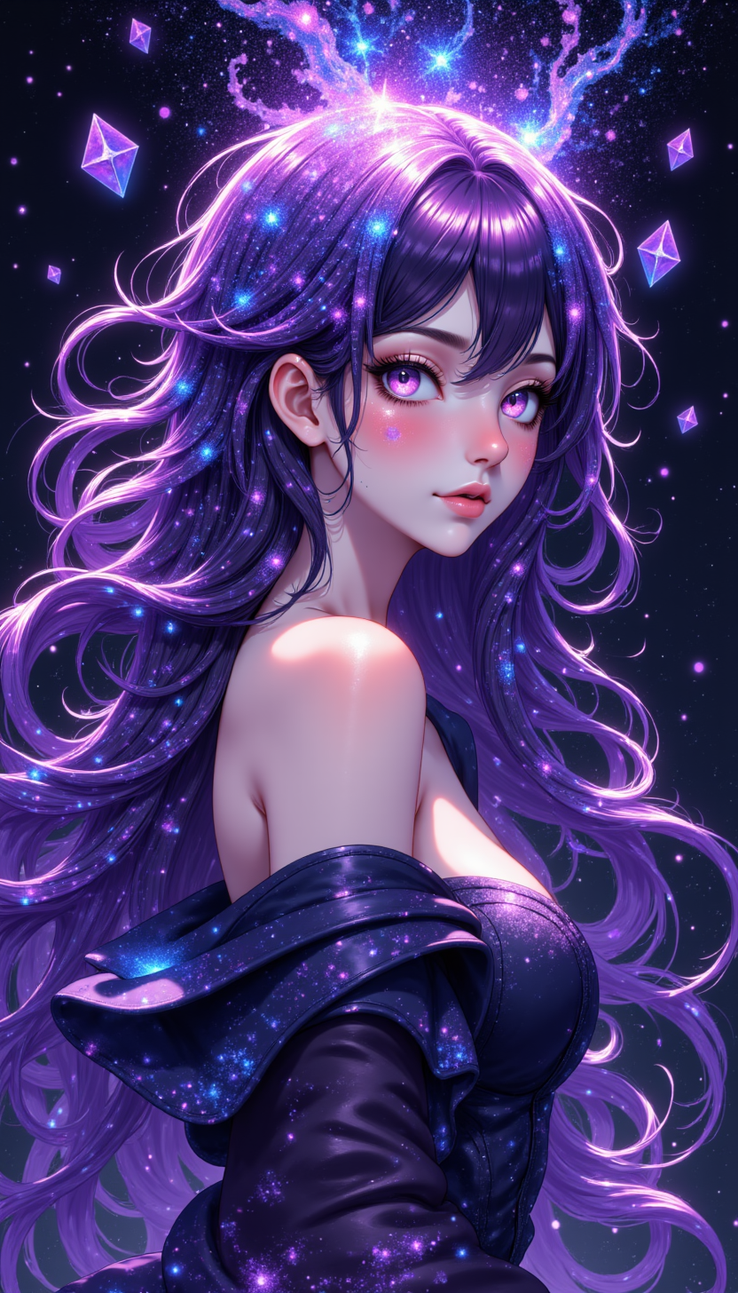 pinkmysticanime,
An ethereal figure with flowing galaxy hair, each strand shimmering with constellations, in a palette of deep purples, blues, and touches of gold. Her expression is serene, her eyes a gateway to the cosmos. Textured with molecular patterns and gemstone-like accents, with volumetric lighting to emphasize her radiant beauty. Inspired by Dan Mumford's intricate designs and Vanessa Barragao's surreal elements.