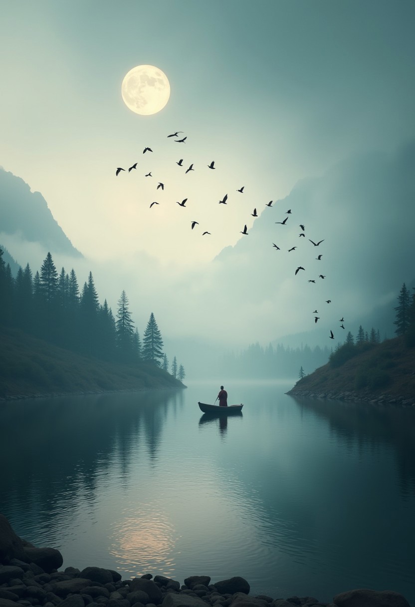 This image is a hyper-realistic cinematic photogrpah featuring a stylized landscape scene. The photo is divided vertically into three sections. The left section is dominated by a calm lake with a small boat and a monk standing in it, the lake reflects the surrounding scenery, the shores of the lake disappear into thick fog. The middle section showcases a moon, positioned near the top of the image, creating a dramatic contrast with the sky above. A flock of birds is depicted flying towards the moon, adding a sense of movement and depth. The right section features a large transparent sphere. <lora:Dark_side_of_light:0.55>