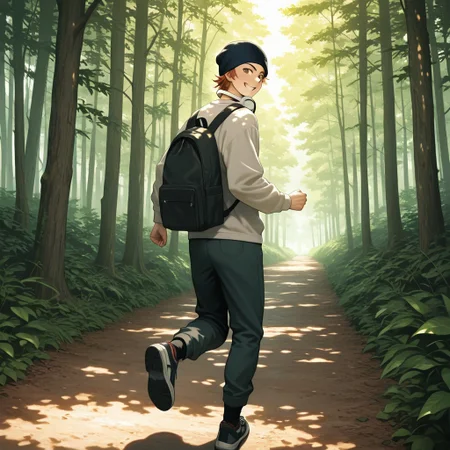 masterpiece, best quality, amazing quality, absurdres, newest, detailed background, definition so sharp, Ultra-HD, 8K cinematic, very awa, impressionate, amazing quality, highres,
solo, male focus, manly,
1boy, short hair, beanie, headphone around neck, misaki_orange hair, misaki_brown eyes, misakiyata, backpack, forest path, sunlight through trees, dappled light, sense of wonder, exploration, carefree, playful, running, looking back, mischievous grin,