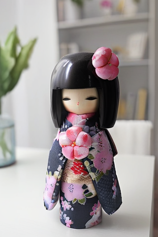 <lora:MRkokeshiSakura:1> (MRkokeshiSakura doll:1.5)  Living Room Shelves Place it on a bookshelf or a dedicated display shelf. It can serve as a conversation starter and add a touch of Japanese culture to the room.