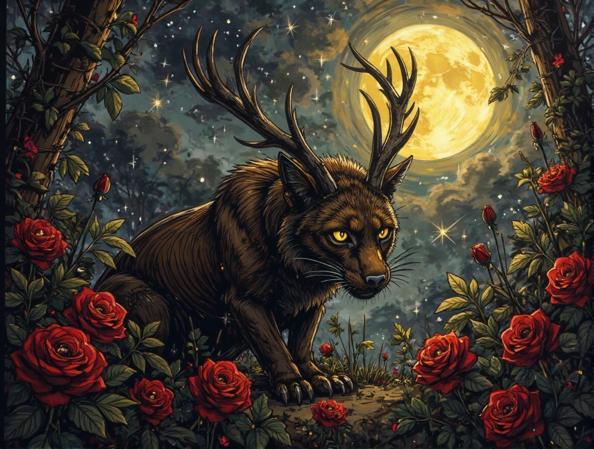 <lora:ck-Ivan-Beslic-Art-Style-000019.safetensors:1> A highly detailed and vibrant digital painting in the style of ck-ib
In the heart of a starlit night, a magnificent, feline-like creature with powerful, sinewy muscles and majestic antlers crouches amidst a bed of vibrant red roses and thick, lush foliage. Its glowing yellow eyes pierce the darkness, reflecting the soft, ethereal light of a full moon that hangs low in the sky. The creature's fur is a tapestry of deep browns and blacks, with subtle highlights that catch the moonbeams, giving it an almost otherworldly sheen.
The scene is bathed in a palette of warm yellows and reds, complemented by muted blues and the soft, ambient glow of the moon. The background is a gradient of twilight hues, blending seamlessly into a smokey gray mist that adds to the mystical aura. Gentle flares from the moonlight create a nostalgic and magical atmosphere, casting long, dramatic shadows that dance across the landscape.
The roses, with their lush petals and intricate details, provide a stark contrast to the creature's rugged, yet elegant form. Each petal is rendered with meticulous attention, capturing the delicate beauty of nature. The foliage, with its varied textures and shades, adds depth and richness to the composition, creating a sense of immersion.
Set against this theatrical backdrop, the creature exudes a blend of innocence and mystery, inviting the viewer to explore the enchanting, surreal world it inhabits. The artwork, crafted with exceptional skill and attention to detail, is a perfect blend of realism and whimsy, ideal for those who appreciate dark, mystical themes and fantastical creatures.