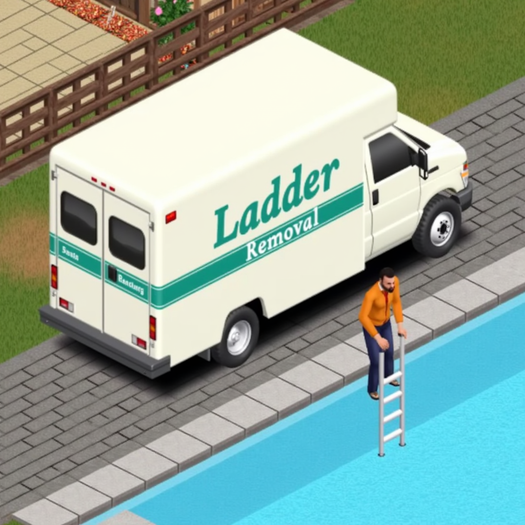 simsstyle,isometric view,close-up of a maintenance man next to van with large text "Ladder Removal" on the side.  man is removing the ladder from the side of the pool.