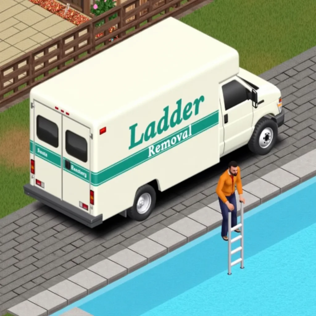 simsstyle,isometric view,close-up of a maintenance man next to van with large text "Ladder Removal" on the side. man is removing the ladder from the side of the pool.