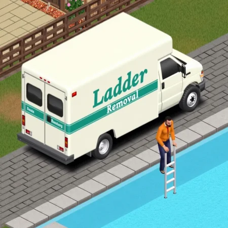 simsstyle,isometric view,close-up of a maintenance man next to van with large text "Ladder Removal" on the side.  man is removing the ladder from the side of the pool.