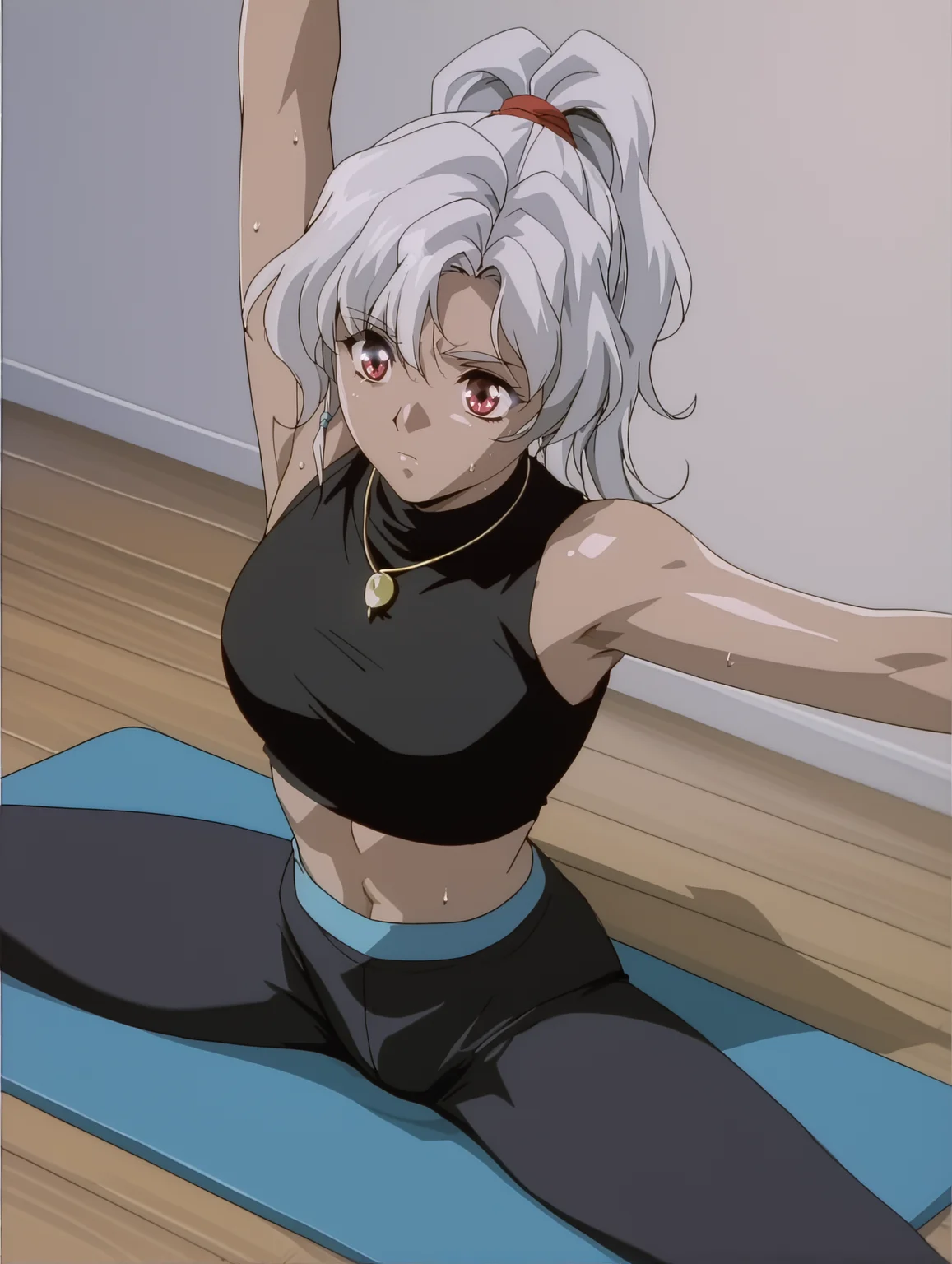score_9, score_8_up, score_7_up, <lora:words-worth-ponyxl-000009:1> r1taw0rd, necklace, turtleneck crop top, black shirt, sleeveless turtleneck, bare shoulders, leggings, 1girl, solo, yoga mat, sweat, stretching, cowboy shot