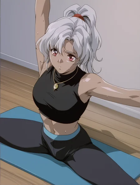 score_9, score_8_up, score_7_up, <lora:words-worth-ponyxl-000009:1> r1taw0rd, necklace, turtleneck crop top, black shirt, sleeveless turtleneck, bare shoulders, leggings, 1girl, solo, yoga mat, sweat, stretching, cowboy shot