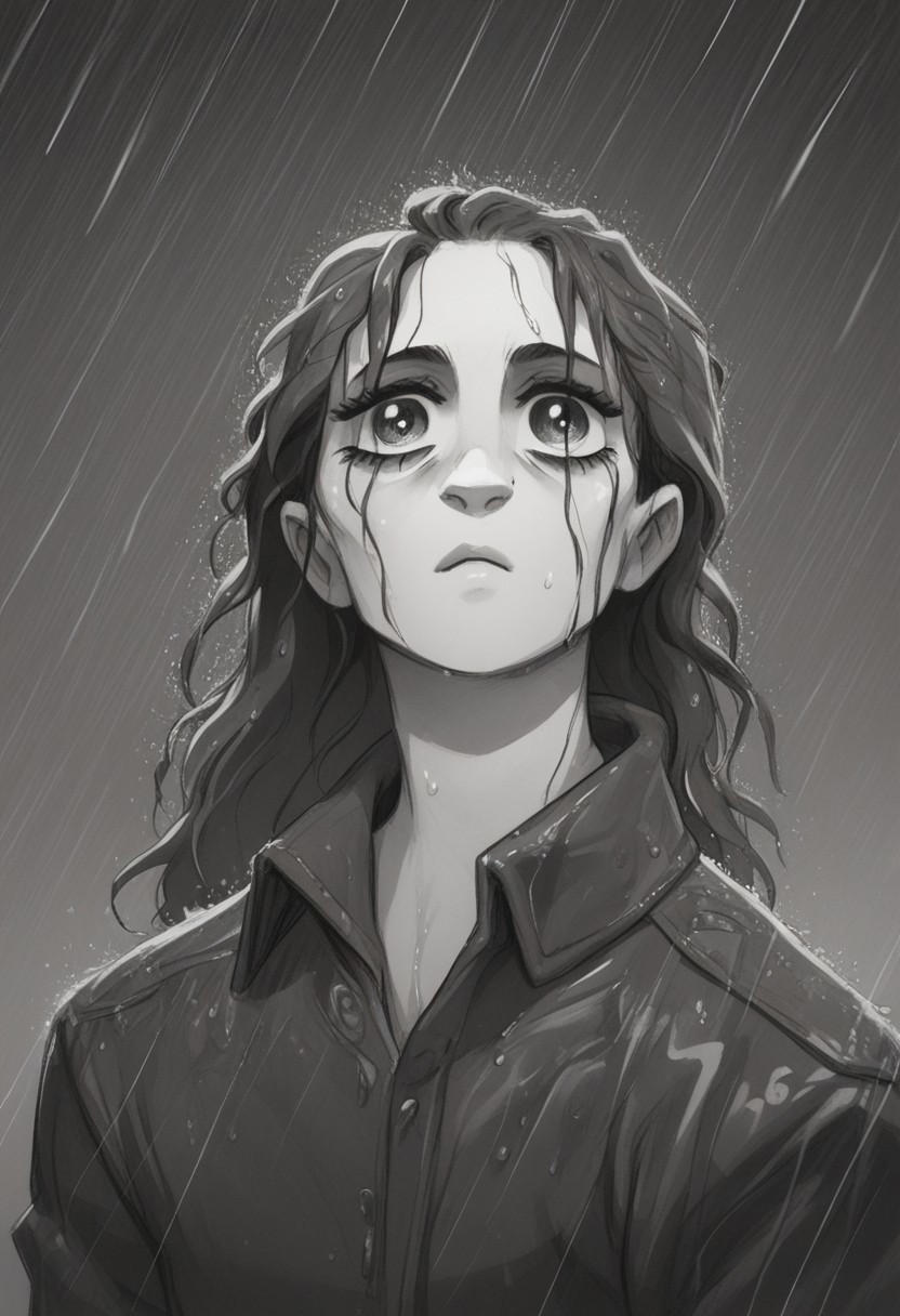 STPStyl3P0ny,score_8, score_8_up, score_7_up,greyscale,1girl,jacket,in rain, moody, wet hair,portrait