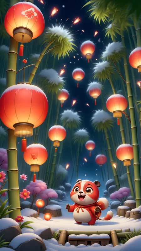 cjcj,bamboo forest,lantern,no_humans,outdoors,night,fireworks,in a meadow,flower tree,square,onsen,yard,lots of lanterns,snowing,cartoon scene,<lora:Chinese Spring Festival scene_XSE_GAME_V1:0.8>,