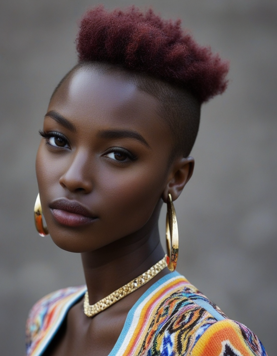 woman, dark skin, cute, beautiful, confident, looking at viewer, stylish clothes, gold jewelry, hoop earrings, elegant, colorful short hair, posing, dynamic,
(ultra realistic, absurdres, best quality, very aesthetic, high quality), skin details, 4k, cinematic,
<lora:ebony_v2:1>