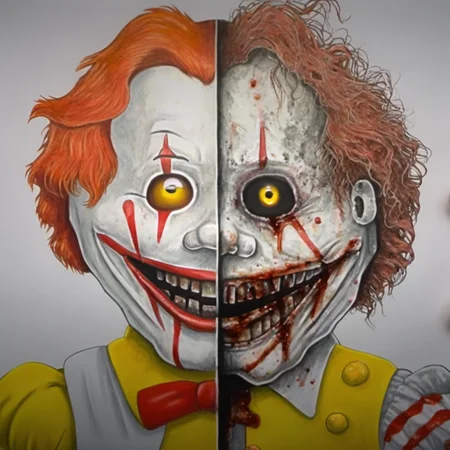 A drawing of Ronald McDonald, in the style of JordanPersegati, split style drawing, ghoul, glowing eye, covered in blood, smiling, rotten, horror, white background <lora:Jordan_Persegati_Style:1>