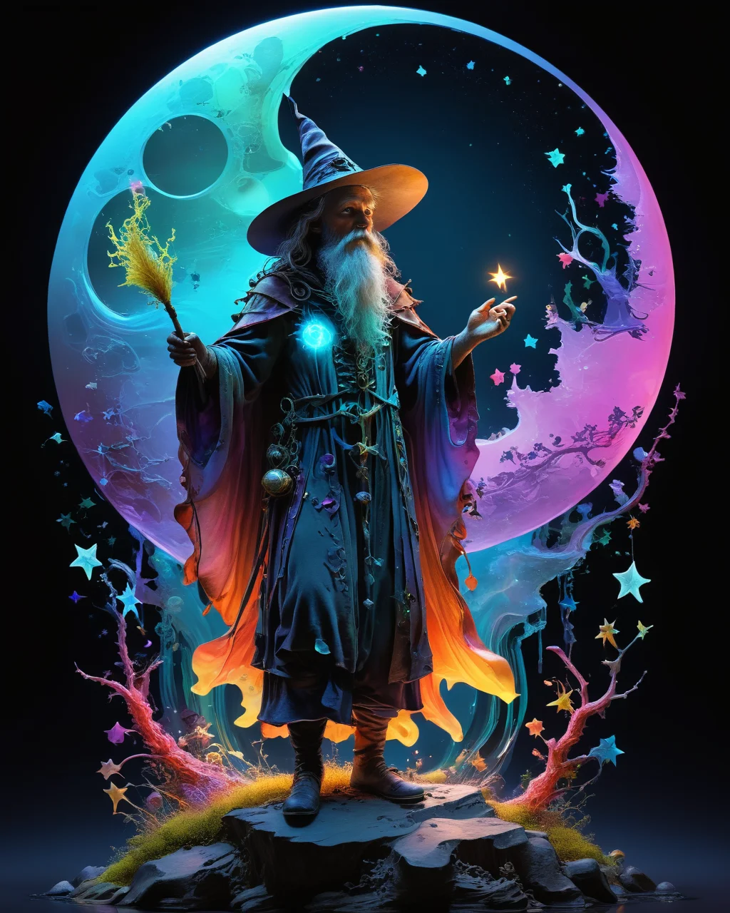 (wizard casting a spell:1.9), colorful organic bioluminescent patterns, full body, stars, moon, (vivid neon colors:1.2), transparency, hauntingly beautiful, hyperrealistic, ultra resolution, professional photo, <lora:add-detail-xl:0.8>, <lora:xl_more_art-full_v1:0.5>, <lora:Jean-Baptiste Monge Style:0.1> Jean-Baptiste Monge Style page