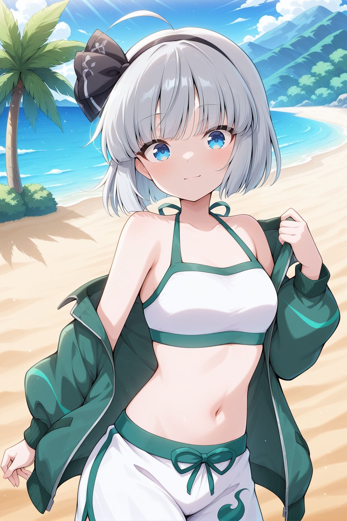 absurdres, highres, masterpiece, best quality, amazing quality, official anime artwork, screencap, anime screencap, outdoors, looking at viewer, light smile, dynamic pose, 
<lora:Youmu-Konpaku_IllustriousV2:1> konpaku youmu, 1girl, solo, blue eyes, grey hair, short hair, ahoge,, konpaku youmu \(sunny dual-wielder\), alternate costume, black hairband, hair bow, black bow, green jacket, long sleeves, white bikini, white shorts, beach