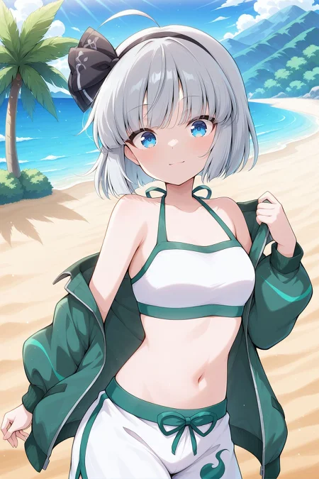 absurdres, highres, masterpiece, best quality, amazing quality, official anime artwork, screencap, anime screencap, outdoors, looking at viewer, light smile, dynamic pose, 
<lora:Youmu-Konpaku_IllustriousV2:1> konpaku youmu, 1girl, solo, blue eyes, grey hair, short hair, ahoge,, konpaku youmu \(sunny dual-wielder\), alternate costume, black hairband, hair bow, black bow, green jacket, long sleeves, white bikini, white shorts, beach