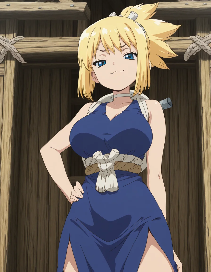 masterpiece, best quality, amazing quality,, <lora:drstone-kohaku-s4-illustriousxl-lora-nochekaiser:1>, kohaku, blonde hair, blue eyes, hair ornament, ponytail, mature female, breasts, anime screencap, bare shoulders, blue dress, choker, dress, rope, rope belt, sleeveless, sleeveless dress,, smug, hand on own hip,, shack, small, wood, old, rural, cowboy shot, solo, looking at viewer, solo focus