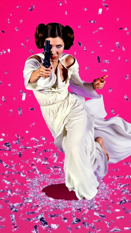 <lora:Carrie_Fisher_Flux:1.2> <lora:Hand v2:1> A dynamic, high-energy scene captures Carrie Fisher as Princess Leia Organa holding a blaster from starwars pointed at viewer in a fierce pose, mid-action as she bursts through a shattered glass surface, shards flying in all directions. The background is a solid, vivid HotPink, creating a stark, intense contrast with the sharp, reflective fragments of glass. She's a young woman with fair skin and brown hair styled in two large, round buns, perfect hands, dressed in her iconic white, floor-length gown, which features a high neck and long, flowing sleeves. Her body is marked with small cuts from the glass, droplets of blood glistening under the light. Her expression is one of pure fury, his eyes locked onto the viewer as if they are the target of her rage. Her pose is explosive, one leg extended forward as if sheâs leaping through the air, his arms raised defensively or ready to strike. The glass shards around him are frozen in mid-air, their jagged edges catching the light and creating a chaotic, almost surreal effect. The HotPink background amplifies the intensity of the moment, evoking a sense of danger and raw emotion. The atmosphere is charged with adrenaline, the aftermath of his violent breakthrough palpable in every detail. The image feels as if itâs happening directly in front of the viewer, Carrie Fisher as Princess Leia Organaâs momentum and the flying glass creating a sense of immediacy and immersion. Itâs a moment of chaos and power, a snapshot of rage and determination frozen in time. The combination of the HotPink backdrop, the sharp glass, and Carrie Fisher as Princess Leia Organaâs fierce expression makes for a visually striking and emotionally charged composition. She goes forward, driven by duty and the promise of glory.