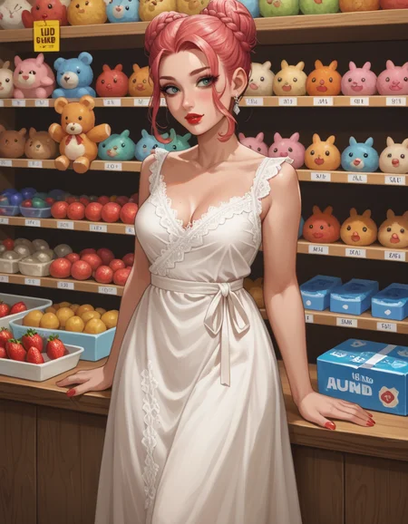 Role-playing game (RPG) style fantasy score_9, score_8_up, score_7_up, score_6_up, score_5_up, score_4_up, hud_s1lk_ngwn, 1girl, makeup, lipstick, solo, Strawberry Blonde locks twisted into an artistic braided bun., sleeveless white dress, lace trim, breasts, <lora:silk_nightgown:0.7> , A vibrant, contemporary toy store, filled with a variety of modern, educational toys and a playful, friendly atmosphere . Detailed, vibrant, immersive, reminiscent of high fantasy RPG games