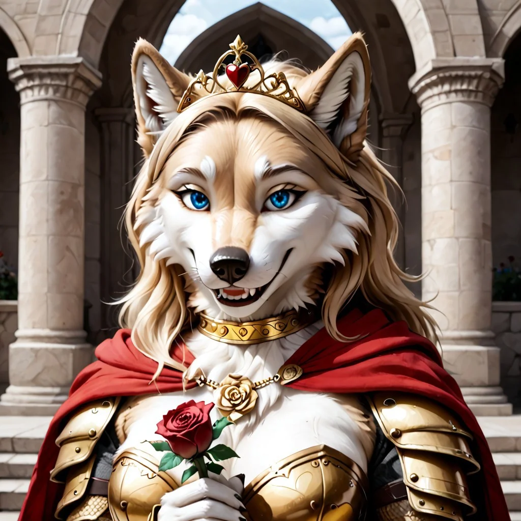 anthro, female wolf, voluptuous figure, tufted fur, tufted ears, fluffy wolf tail, narrowed eyes, long blond hair, golden fur, blue eyes, canine teeth, solo, golden choker, small breasts, valentine theme, rose arch background, golden necklace, golden knight armor, white tail ribbon, golden tiara, seductive smile, holding rose, glistening eyes, red cape,