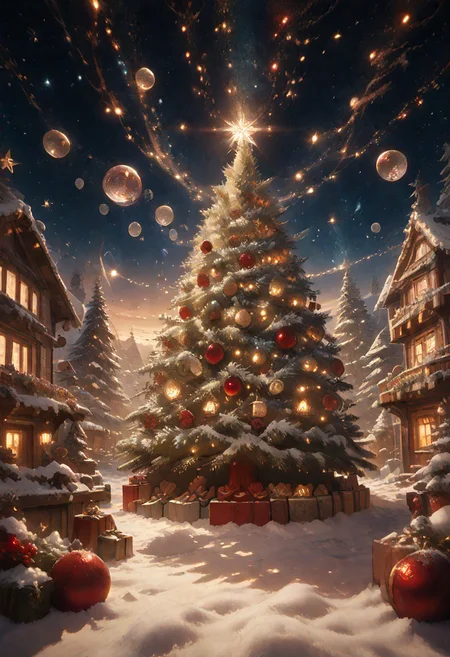 score_9, score_8_up, score_7_up, detailed, detailed shadows, r0b0t_s4nta_c1aus, magicalchristmas, christmas tree, outside, stars, sparkles, bubbles,