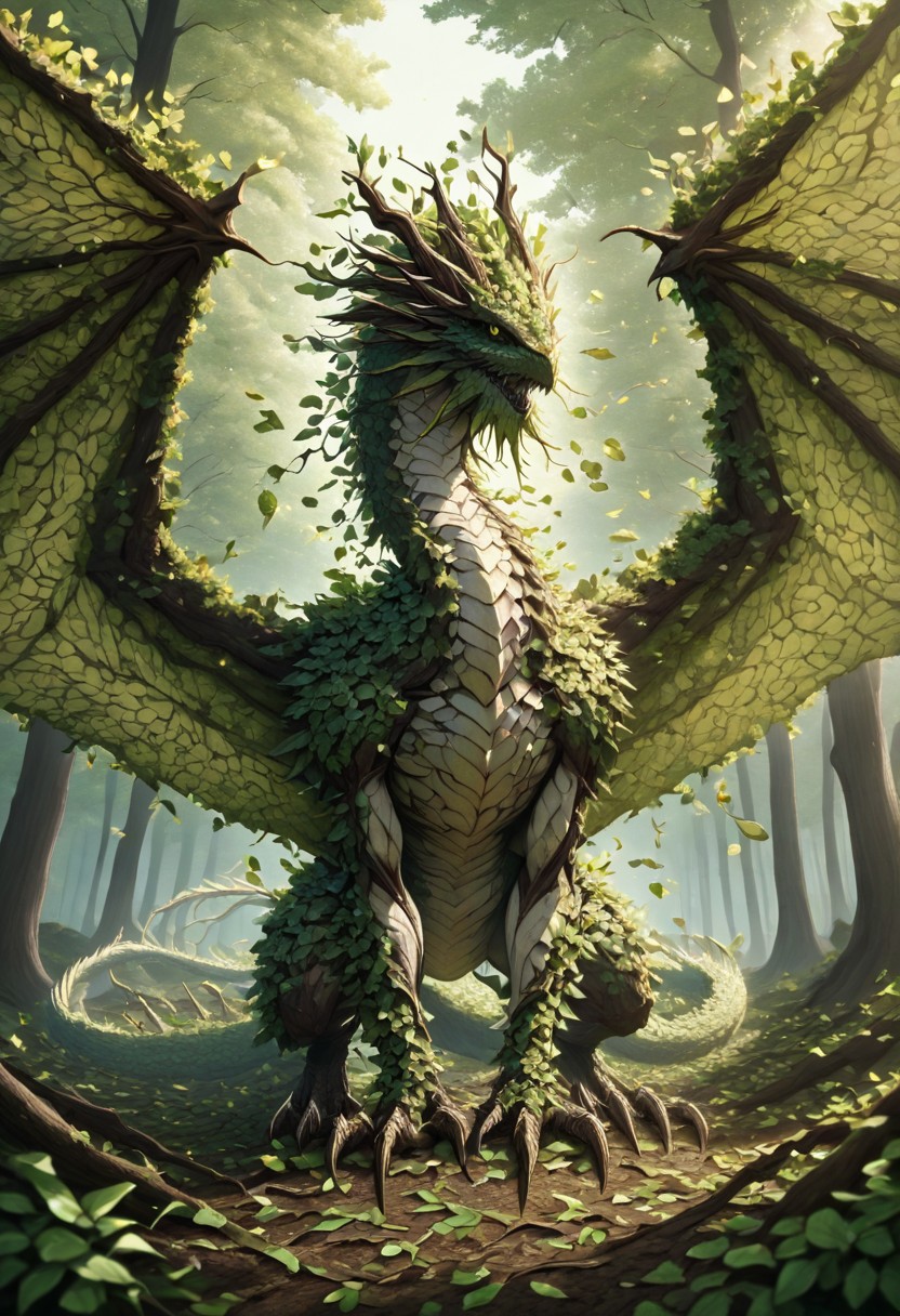 masterpiece, best quality, newest, absurdres, highres, FG-V2.0-Dragon, dragon, monster, no humans, tree, forest, wings, leaves,