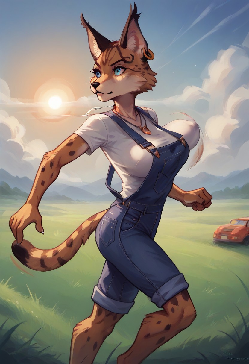 score_9, score_8_up, score_7_up, high quality, 1girl, Anthro creature ,Miyu Swift,farmer,solo,immature,adult,tall,mature,skinny,slim,necklace,tail,shirt,overalls,denim,short pants,looking front,looking other side,indoor,female,running,faster runner,running pose,outdoor,sun,grass,field,sky,side view,bouncing breast