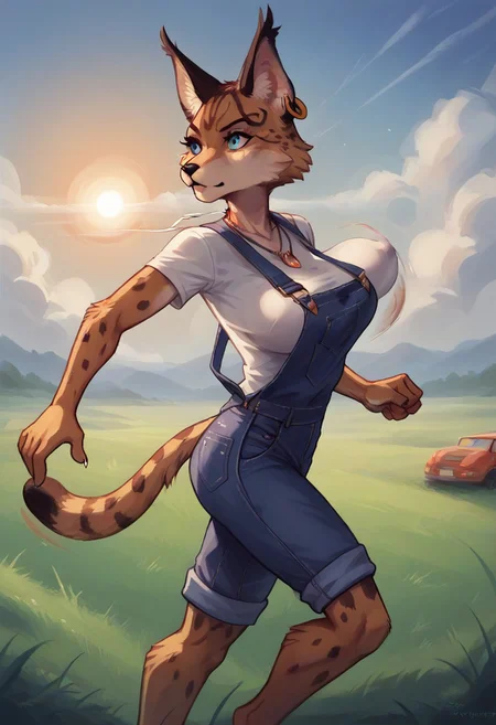 score_9, score_8_up, score_7_up, high quality, 1girl, Anthro creature ,Miyu Swift,farmer,solo,immature,adult,tall,mature,skinny,slim,necklace,tail,shirt,overalls,denim,short pants,looking front,looking other side,indoor,female,running,faster runner,running pose,outdoor,sun,grass,field,sky,side view,bouncing breast