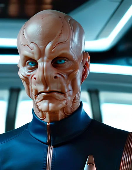 SaruST, kelpien man, bald, alien, blue eyes, brownish orange skin, blue suit, upper body , standing, starship interior, sharp focus