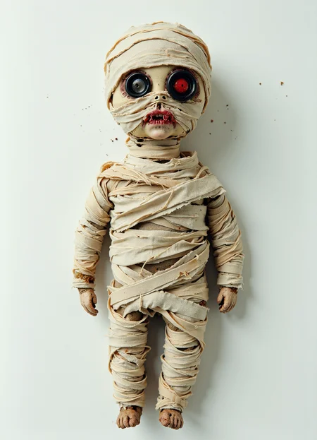 Hyper-realistic sculpture of a haunting, handmade mummy doll against a stark white background. Intricately wrapped in aged, frayed linen bandages with visible loose threads and ragged edges. Each layer of wrapping meticulously detailed, showcasing varying shades of ecru and beige. Mismatched button eyes: one large black button and one smaller red button, creating an unsettling asymmetry. Crudely stitched mouth with thick, uneven black thread, giving the impression of a pained grimace. Elongated, slightly misshapen body with disproportionately small arms and legs. Subtle stains and discolorations on the fabric, suggesting age and wear. Soft shadows cast on the white background, emphasizing the three-dimensional form. Ultra-sharp focus revealing every fiber, wrinkle, and imperfection in the fabric. Textural details so precise that individual woven patterns in the linen are discernible. Lighting carefully crafted to highlight the doll's eerie features and create depth in the wrappings. Photorealistic rendering blurring the line between sculpture and actual decaying mummy, evoking a sense of ancient horror. Faint dust particles visible in the air around the doll, adding to the atmosphere of age and neglect. Imperfections in the stitching and wrapping technique visible, underscoring the handmade nature of the piece. The doll's posture suggesting both vulnerability and an unsettling potential for animation.