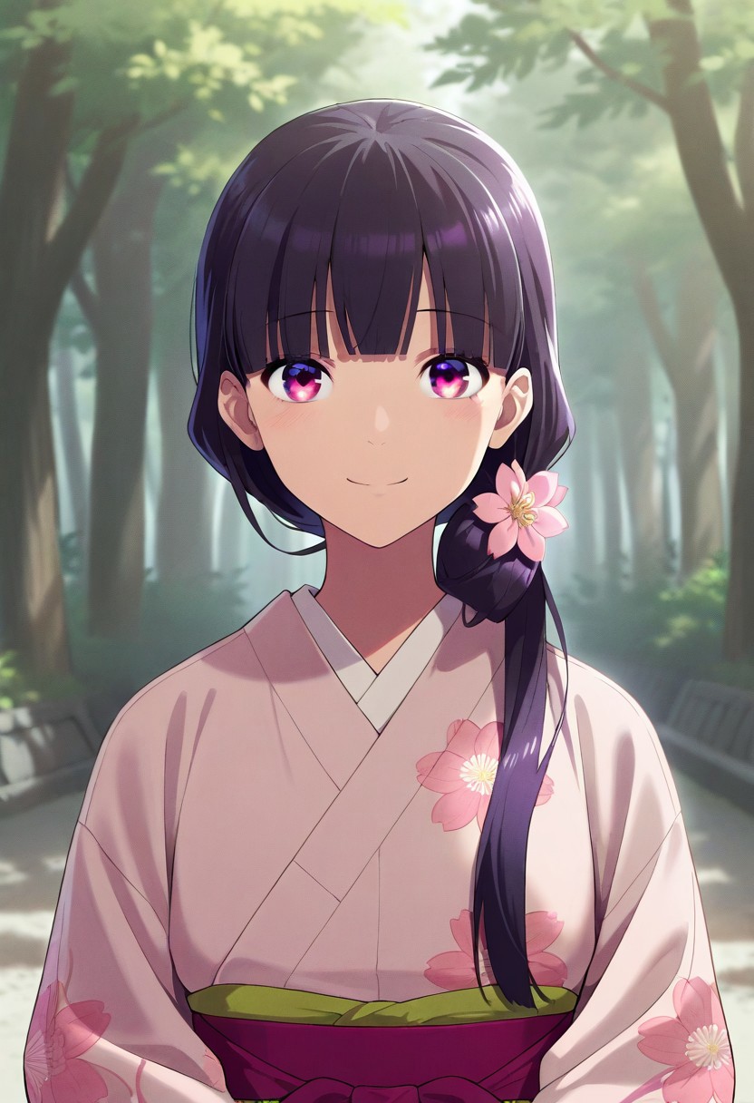 masterpiece,best quality,amazing quality, saimori miyo, dark purple hair, purple-pink eyes, long hair, 1girl, solo, flower, hair over shoulder, japanese clothes, smile, looking at viewer, closed mouth, blunt bangs, outdoors
