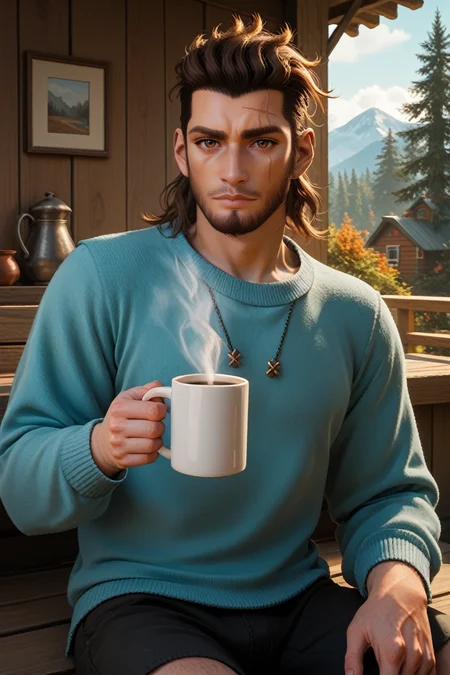 score_9, score_8_up, score_7_up,
<lora:FFGladiolus:0.8>
FFGladiolus, 1boy, brown hair, brown eyes, beard, scar, looking at viewer, at a rustic cabin in the woods, wearing a cozy sweater, sitting on the porch with a steaming mug of coffee, misty morning, pine trees surrounding, serene atmosphere