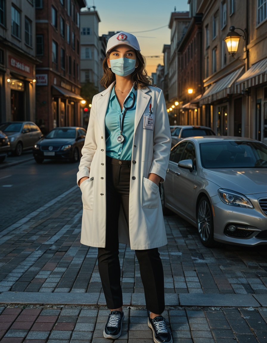 cowboy shot, looking at viewer,female_focus, medium close-up,,A woman wearing a White coat, stethoscope, trousers, mask, cap, badge, medical shoes ,stands confidently in a bustling city street at dusk. The streetlights cast a warm glow on the pavement, and neon signs flicker in the background. The personâs white gloves contrast sharply against the dark outfit, adding a touch of elegance. A light evening mist rises from the ground, creating a cinematic atmosphere. Pedestrians pass by, some glancing curiously at the well-dressed figure. The cityscape features modern and old architecture, blending tradition with contemporary urban life.
<lora:SDXLFaeTastic2400:0.4> <lora:extremely_detailed:0.4> extremely detailed, Masterpiece,best quality,hi res,8k,hi res,8k,award winning,(sharp focus, intricate, highly detailed),