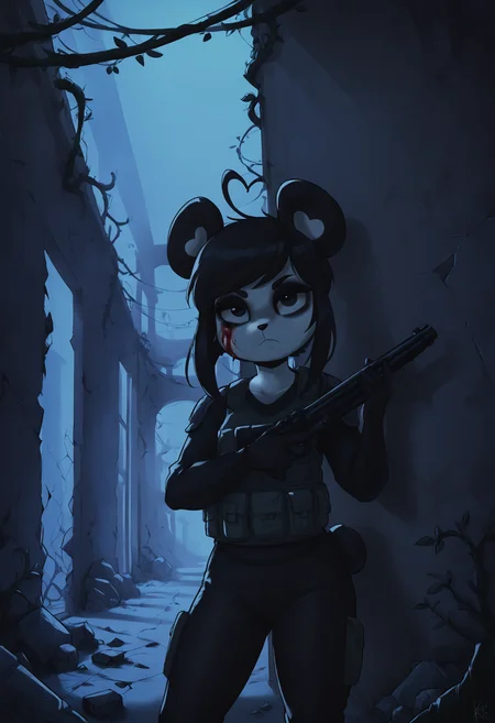 (score_9, score_8_up), score_7_up, score_6_up, score_5_up, score_4_up, kenny \(kenashcorp\), 1girl, masterpiece, best quality, (panda, panda girl), furry, panda ears, animal nose, black fur, white fur, eyes makeup, black eyes, panda tail, heart ahoge, cheek heart, black arms, black legs, black hair, medium hair, black sweater, bulletproof vest, metal shoulder plates, heavy tactical armor, ((rifle, shotgun, holding shotgun)), frown, heavy bulletproof vest, military gear, against wall, blood on face, nosebleed, indoors, post-apocalypse, ruins, dark, night, debris, moss, vines, black cargo pants, artificial lighting, neon lights, hallway, doors, <lora:Kenny_Ashcorp_XL_Pony_Edition:0.9>, <lora:Smooth Night Style SDXL_LoRA_Pony Diffusion V6 XL:0.8> dark theme, low light,