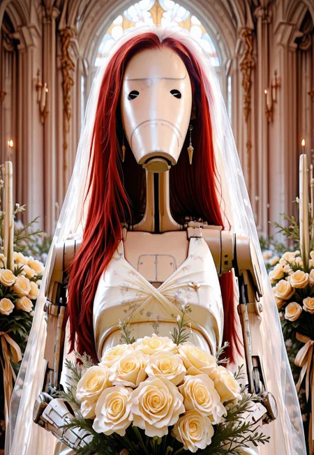 Masterpiece, absurdres, highest quality, highly detailed, newest, 8k, semi-realistic, 1boy, solo, b1bd, cl4nker, Long red hair, straight hair, bridal veil, wedding dress, holding bouquet, looking at viewer, blush, wedding decorations, church background, detailed background,